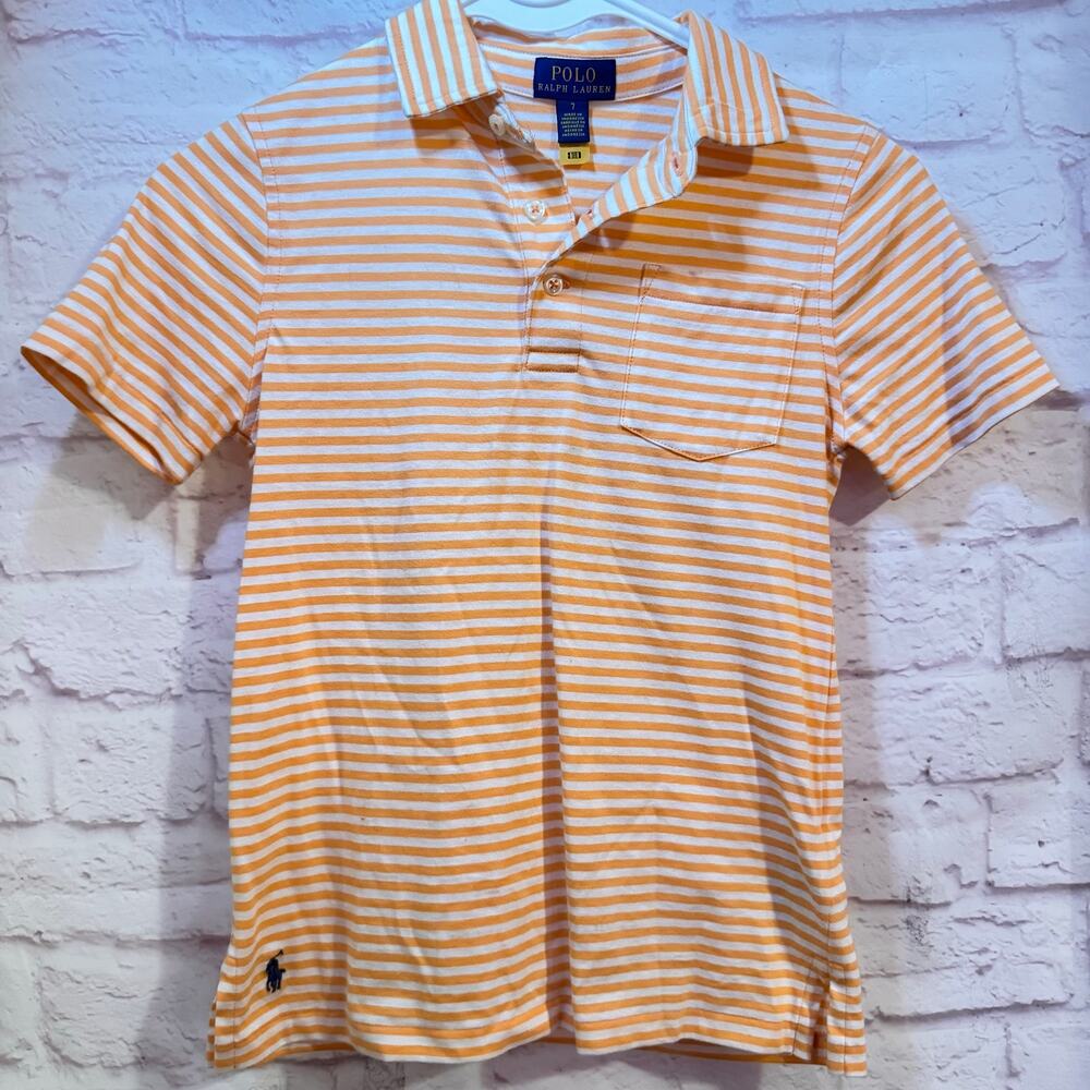 Polo Ralph Lauren tangerine and white striped polo shirt kids sz 7 #preppy